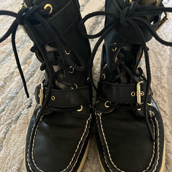 Sperry Shoes - Sperry Black Boots with Beige Detail Zip up and Buckle Size 7.5